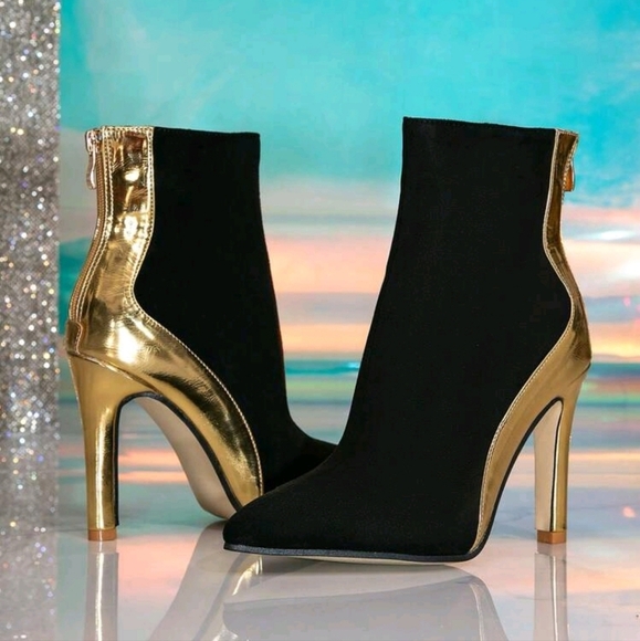 Black Contrast Leather Ankle Boots, Pointed Toe,Stiletto Heel,Gold Hardware - Picture 3 of 5